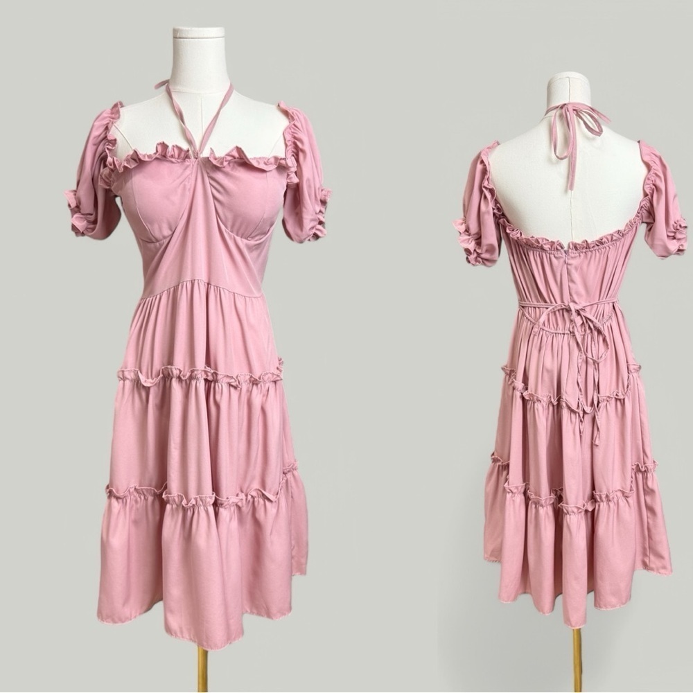 Pink Dress Women XL Bustier Puff Short Sleeves Ruffles Halter Sundress Wedding